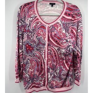 Talbots Pink Paisley 3/4 Sleeve Button Cotton Blend Cardigan XL Women's Sweater